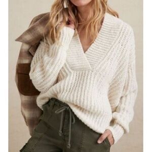 Anthropologie Pilcro Joyce V-Neck Sweater Chunky Knit White Ivory Cream Size XS
